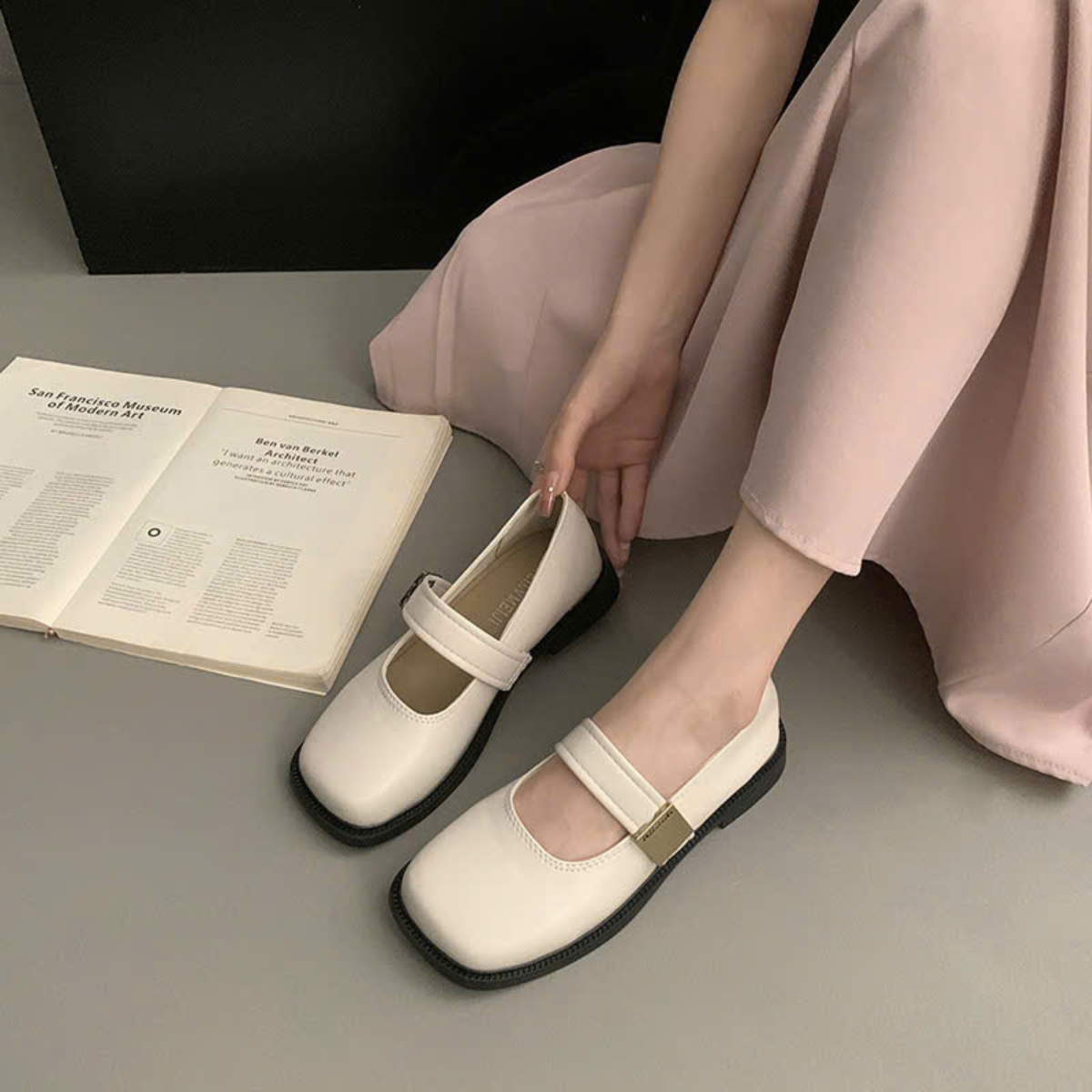 Giày Mary Jane Nữ Đế Bệt Mũi Vuông Quai Ngang Da Mềm Retro