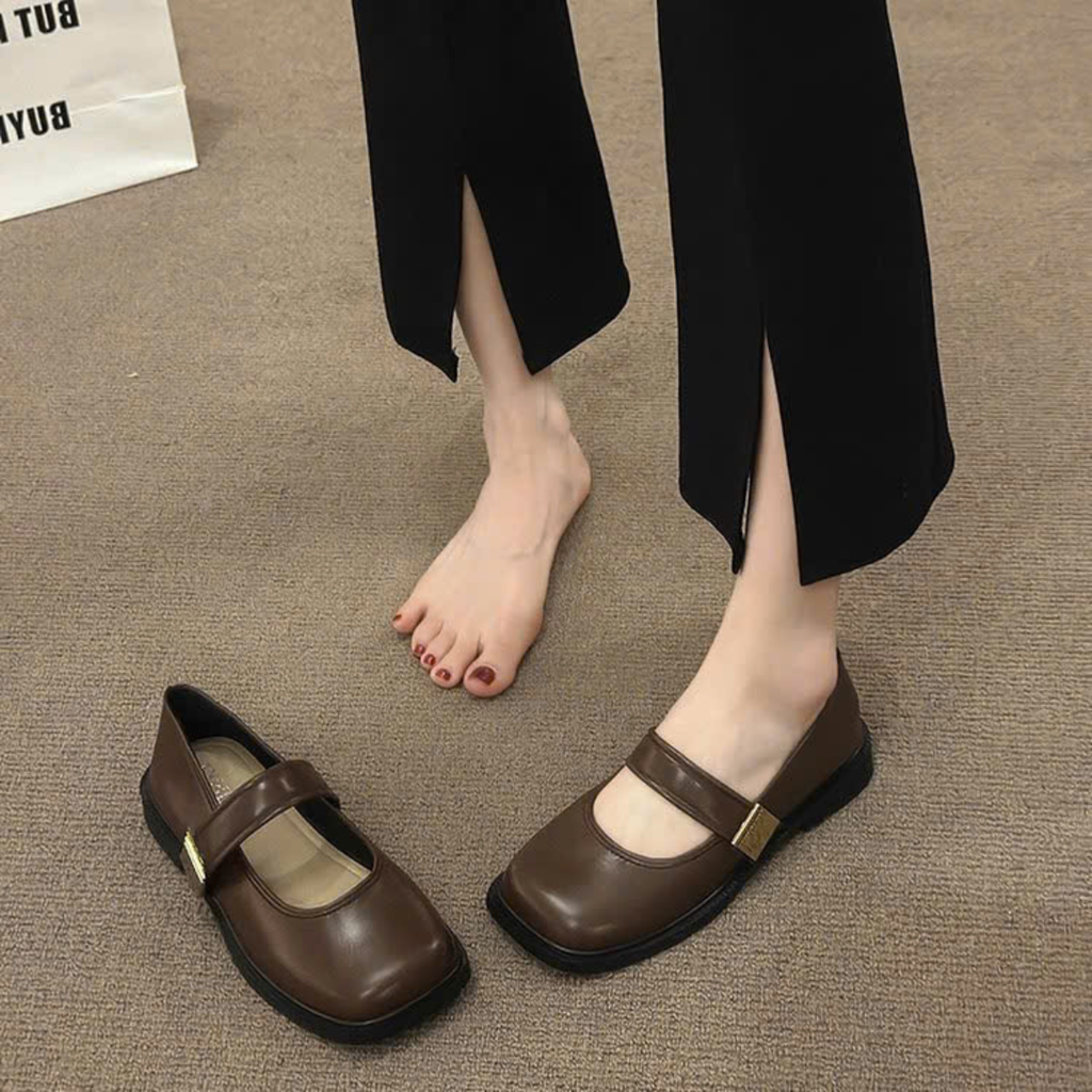Giày Mary Jane Nữ Đế Bệt Mũi Vuông Quai Ngang Da Mềm Retro