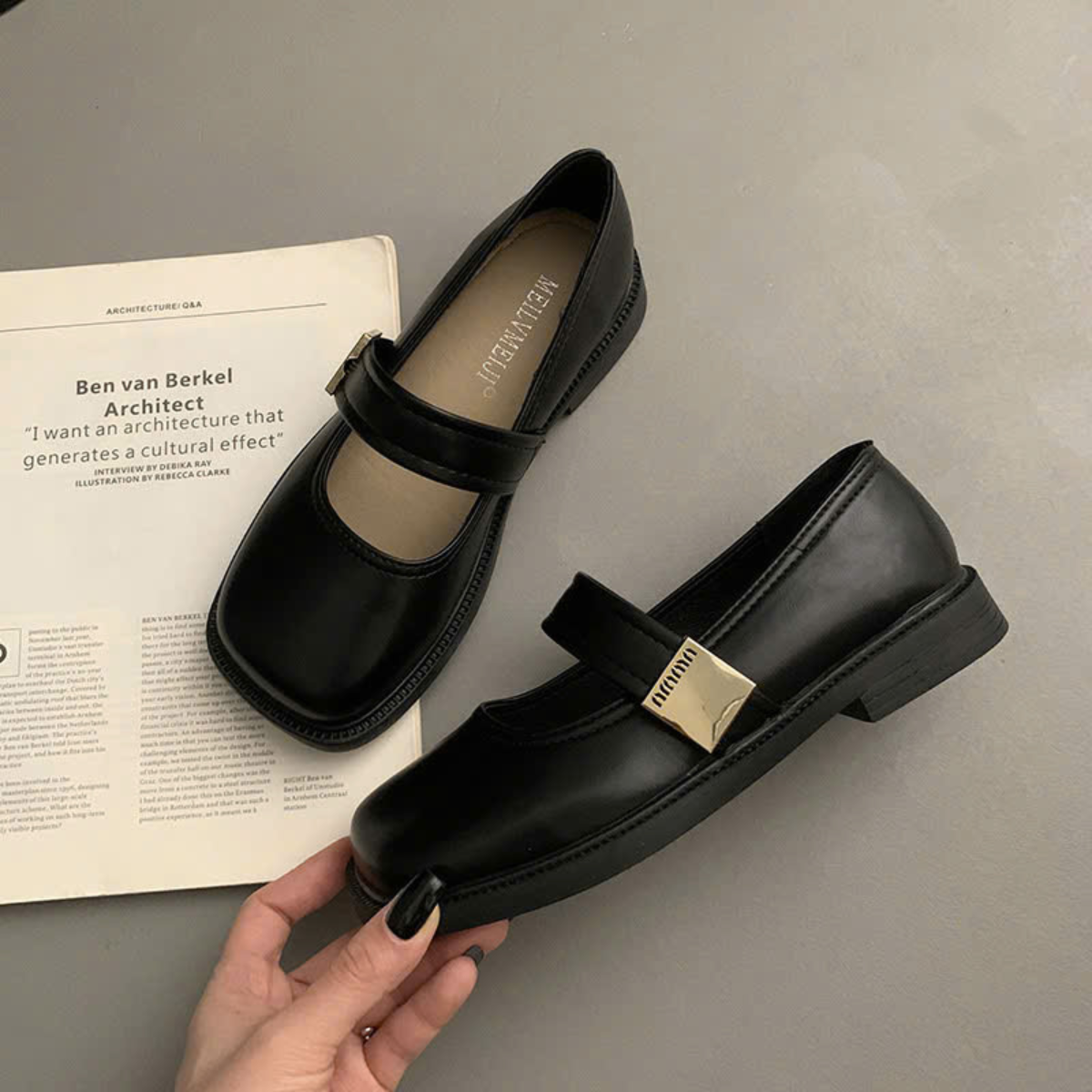 Giày Mary Jane Nữ Đế Bệt Mũi Vuông Quai Ngang Da Mềm Retro