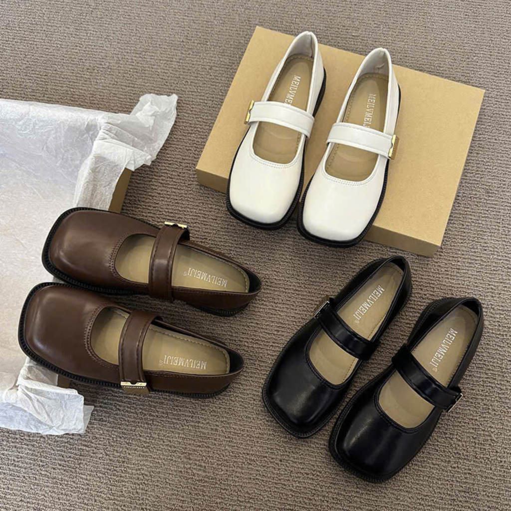 Giày Mary Jane Nữ Đế Bệt Mũi Vuông Quai Ngang Da Mềm Retro