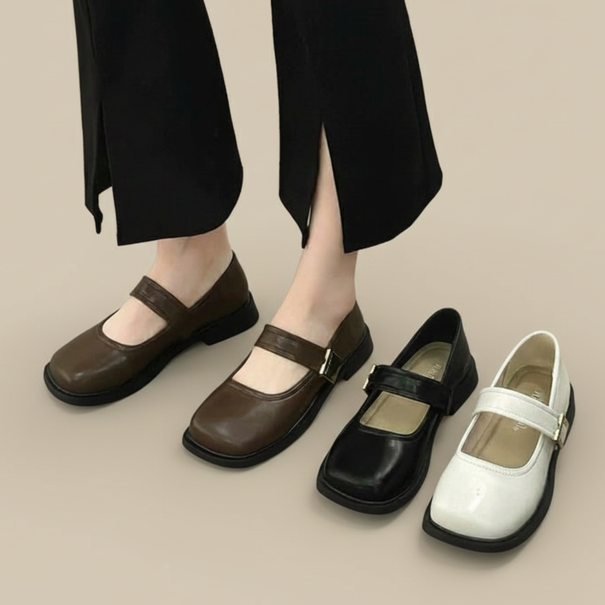 Giày Mary Jane Nữ Đế Bệt Mũi Vuông Quai Ngang Da Mềm Retro