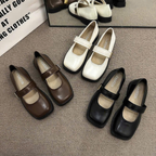 Giày Mary Jane Nữ Đế Bệt Mũi Vuông Quai Ngang Da Mềm Retro