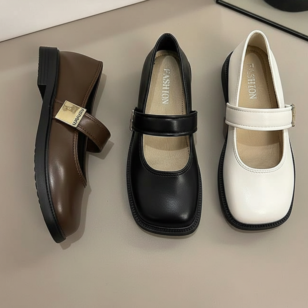 Giày Mary Jane Nữ Đế Bệt Mũi Vuông Quai Ngang Da Mềm Retro