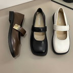 Giày Mary Jane Nữ Đế Bệt Mũi Vuông Quai Ngang Da Mềm Retro