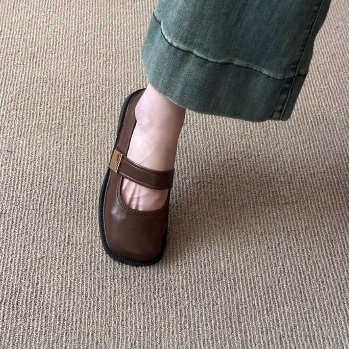 Giày Mary Jane Nữ Đế Bệt Mũi Vuông Quai Ngang Da Mềm Retro