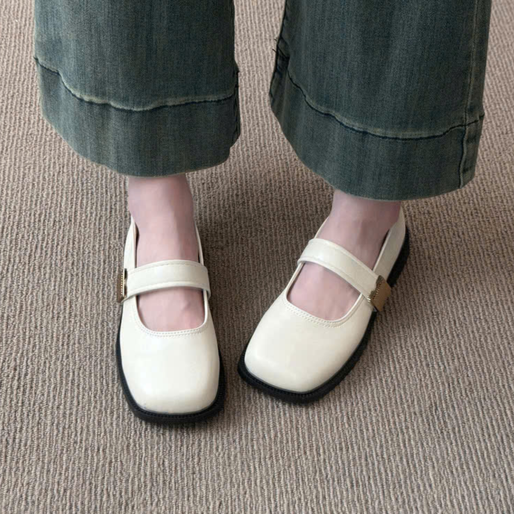 Giày Mary Jane Nữ Đế Bệt Mũi Vuông Quai Ngang Da Mềm Retro