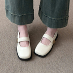 Giày Mary Jane Nữ Đế Bệt Mũi Vuông Quai Ngang Da Mềm Retro