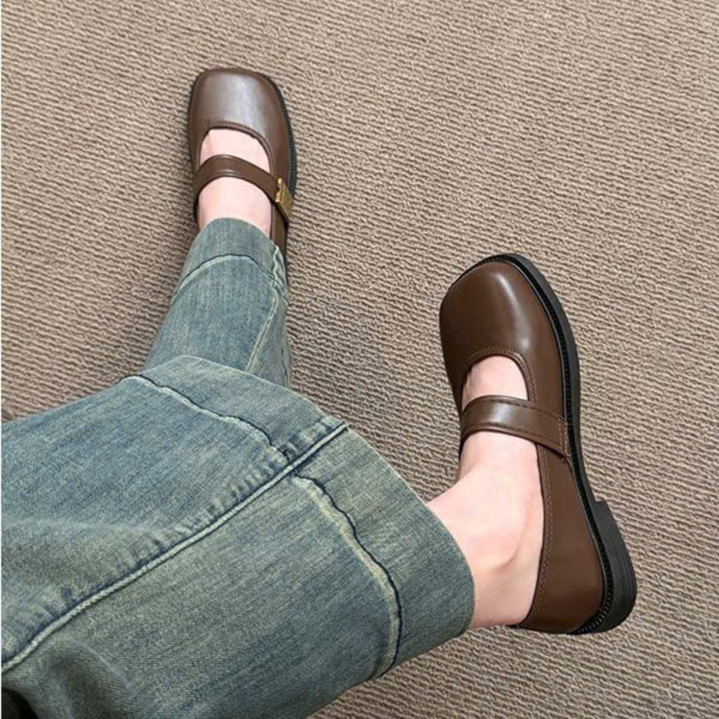 Giày Mary Jane Nữ Đế Bệt Mũi Vuông Quai Ngang Da Mềm Retro