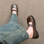 Giày Mary Jane Nữ Đế Bệt Mũi Vuông Quai Ngang Da Mềm Retro