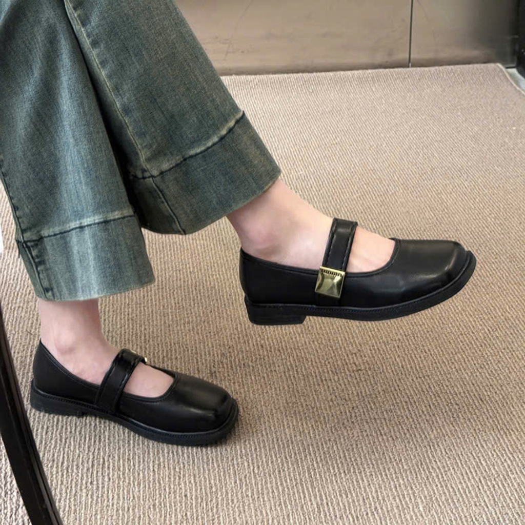 Giày Mary Jane Nữ Đế Bệt Mũi Vuông Quai Ngang Da Mềm Retro