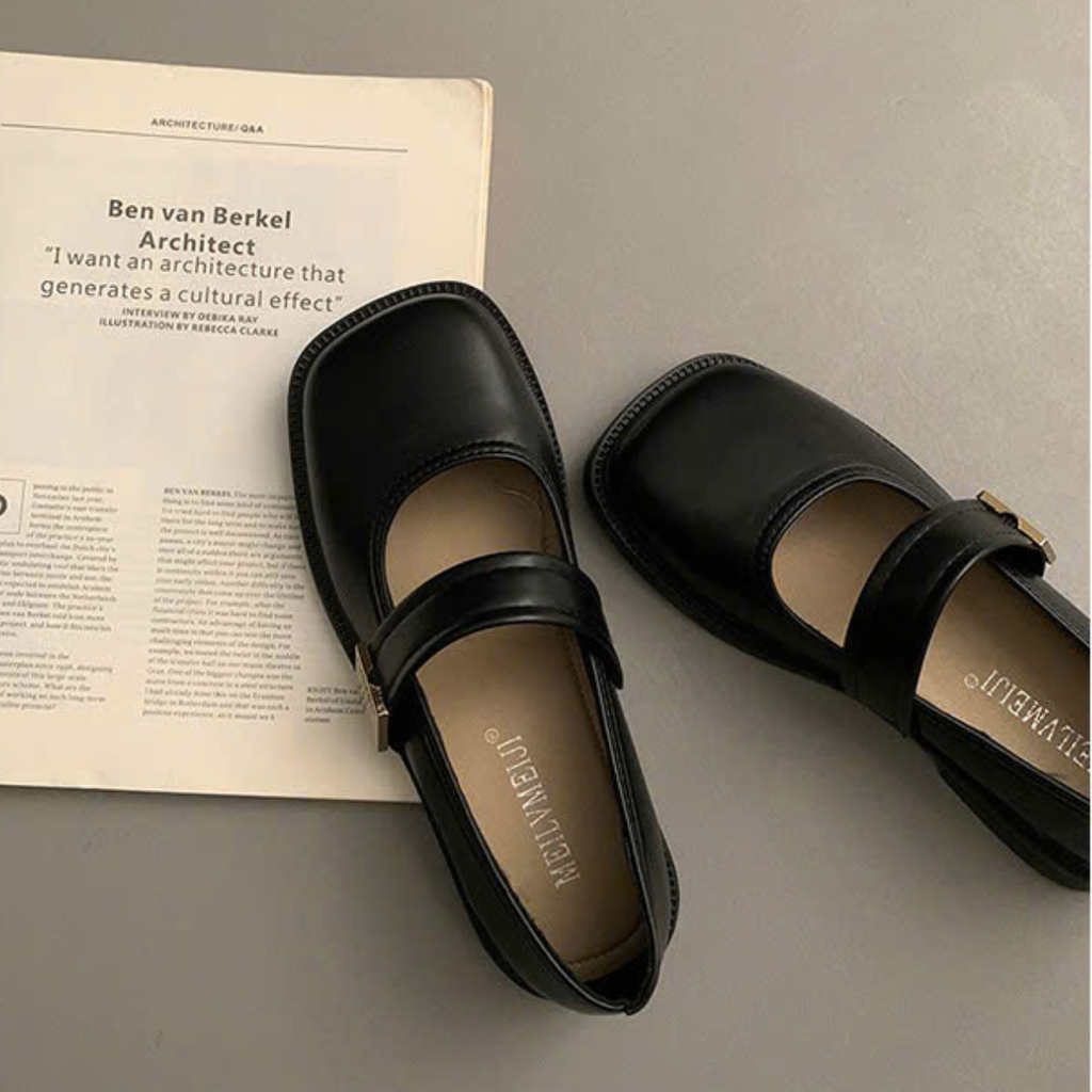 Giày Mary Jane Nữ Đế Bệt Mũi Vuông Quai Ngang Da Mềm Retro