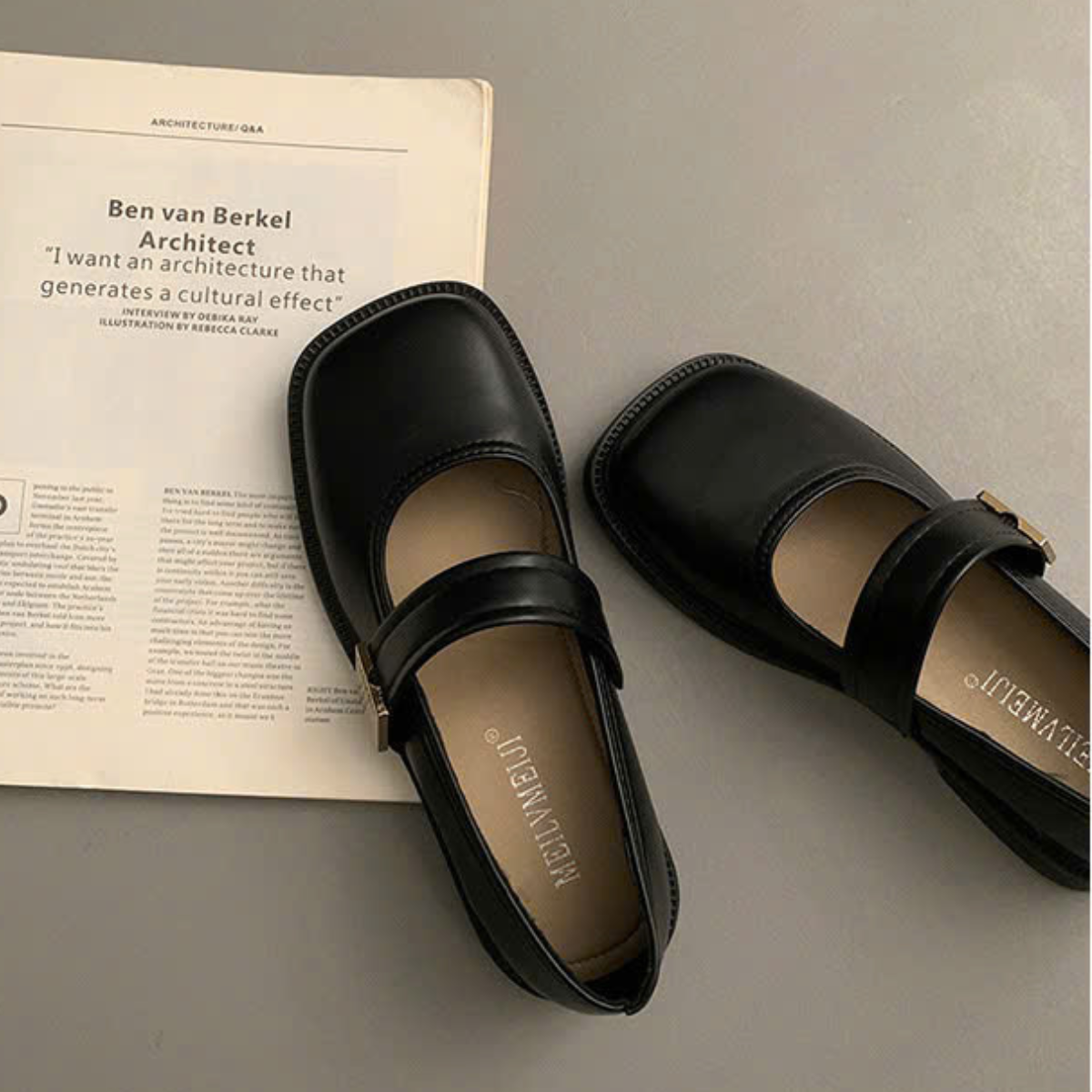 Giày Mary Jane Nữ Đế Bệt Mũi Vuông Quai Ngang Da Mềm Retro