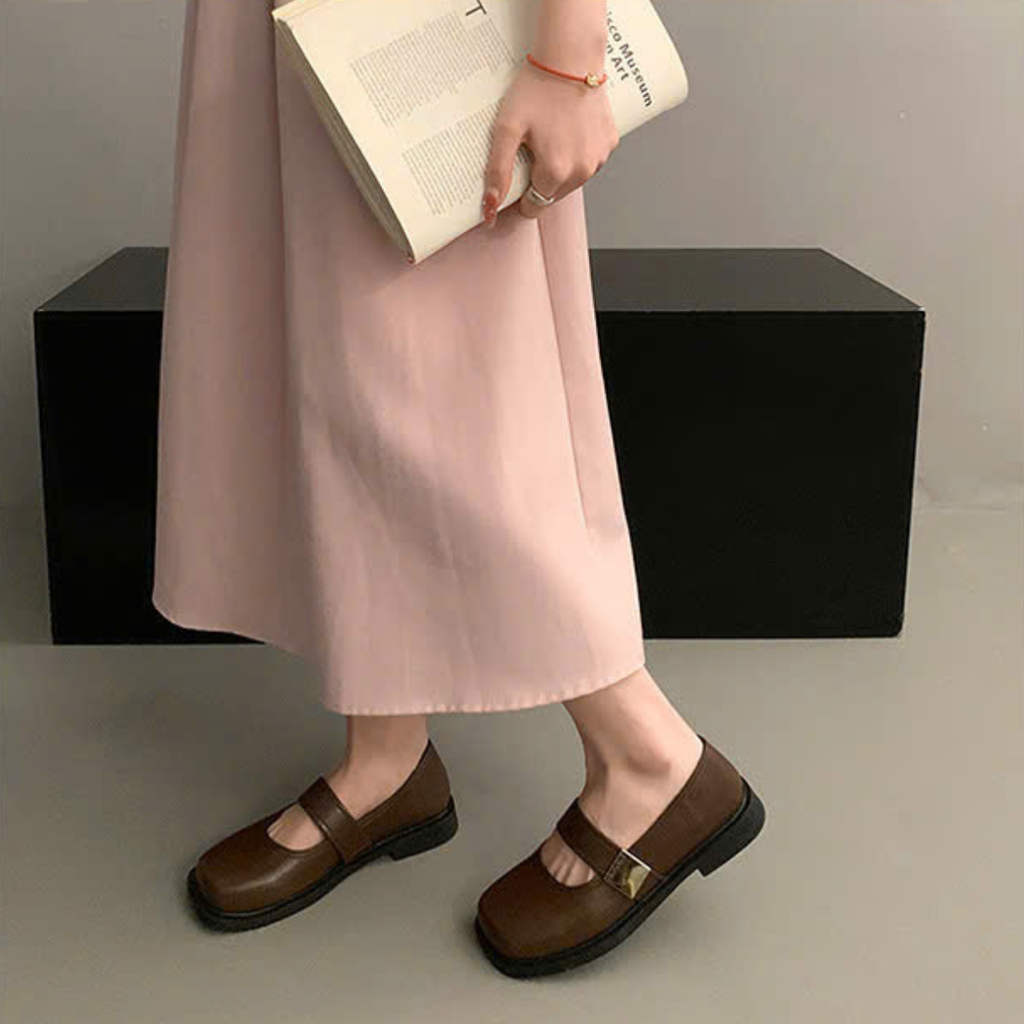 Giày Mary Jane Nữ Đế Bệt Mũi Vuông Quai Ngang Da Mềm Retro