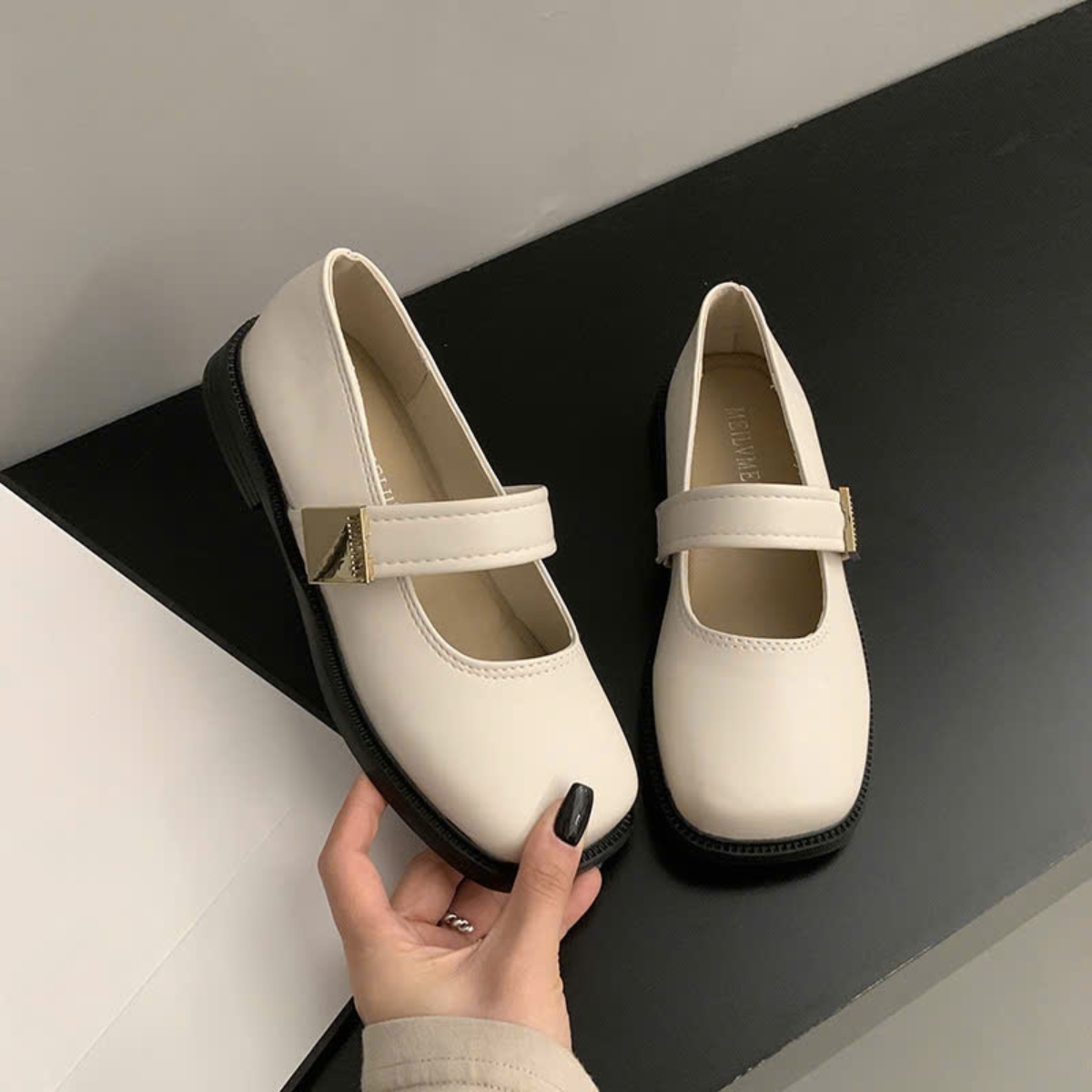 Giày Mary Jane Nữ Đế Bệt Mũi Vuông Quai Ngang Da Mềm Retro