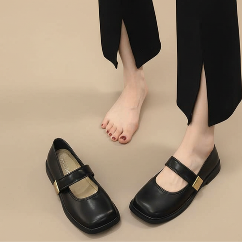 Giày Mary Jane Nữ Đế Bệt Mũi Vuông Quai Ngang Da Mềm Retro