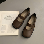 Giày Mary Jane Nữ Đế Bệt Mũi Vuông Quai Ngang Da Mềm Retro