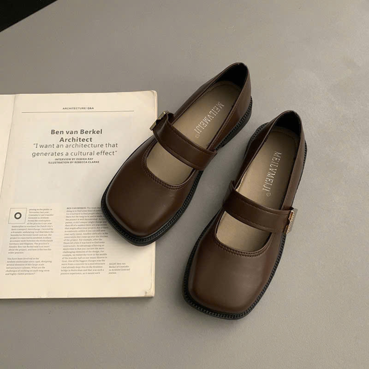 Giày Mary Jane Nữ Đế Bệt Mũi Vuông Quai Ngang Da Mềm Retro