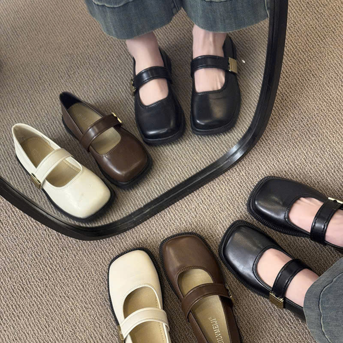 Giày Mary Jane Nữ Đế Bệt Mũi Vuông Quai Ngang Da Mềm Retro