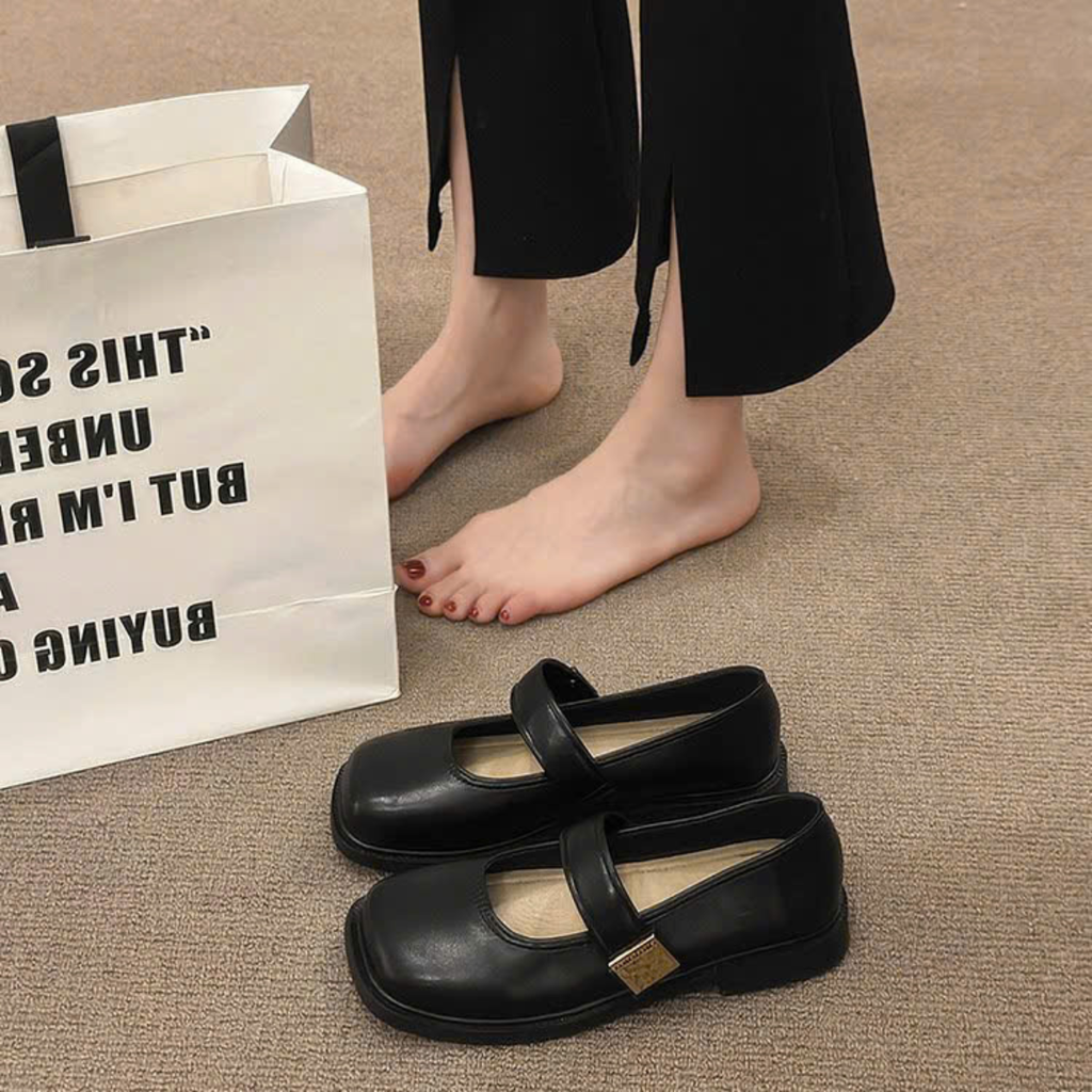 Giày Mary Jane Nữ Đế Bệt Mũi Vuông Quai Ngang Da Mềm Retro