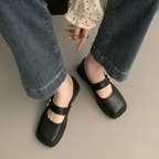 Giày Mary Jane Nữ Đế Bệt Mũi Vuông Quai Ngang Da Mềm Retro