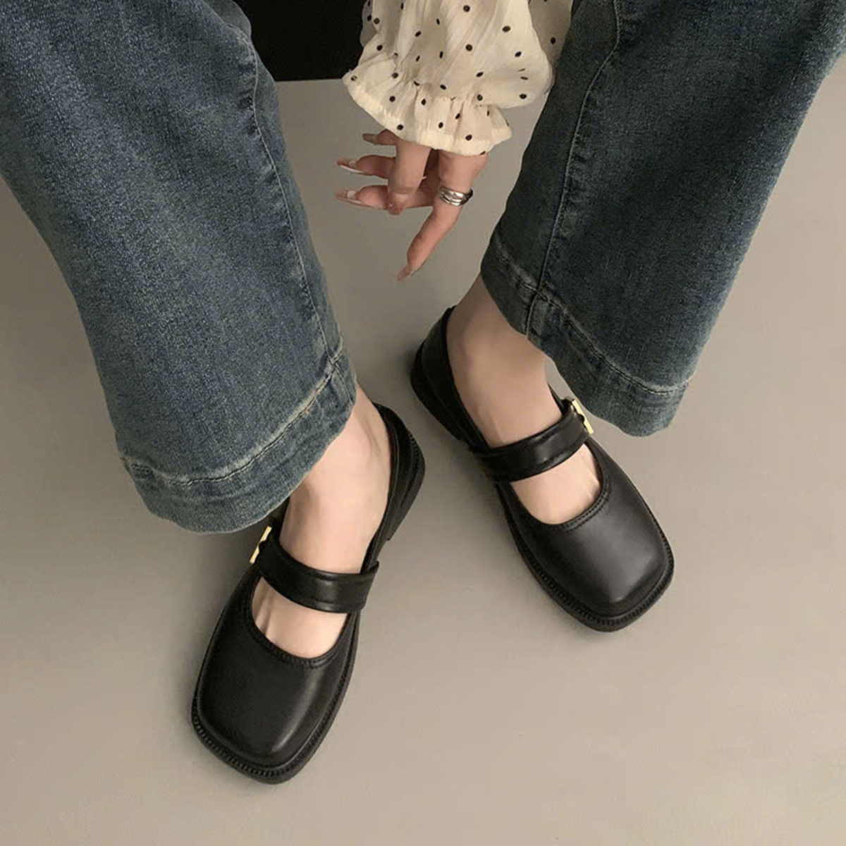 Giày Mary Jane Nữ Đế Bệt Mũi Vuông Quai Ngang Da Mềm Retro